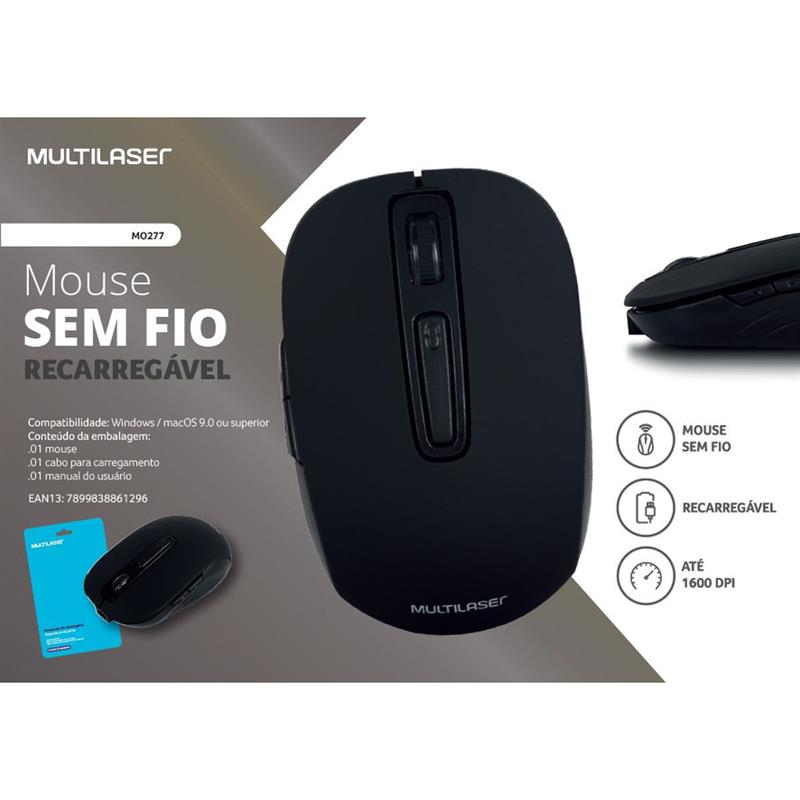 MOUSE ÓPTICO SEM FIO 1600 DPI 2,4 GHZ RECARREGÁVEL PRETO - MULTI UNIDADE