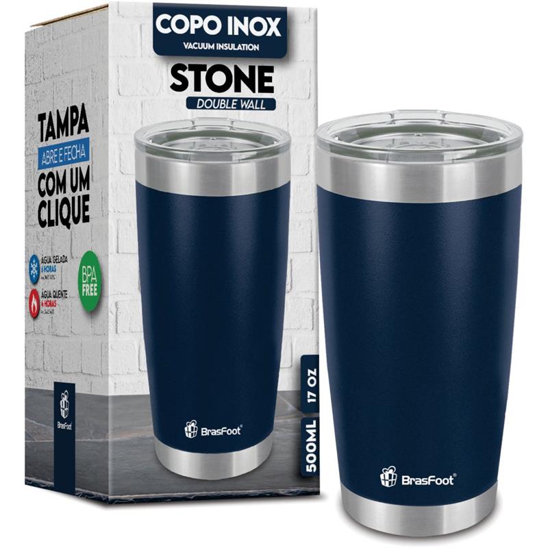 COPO TÉRMICO STONE 500 ML COM TAMPA AZUL ESCURO - BRASFOOT UNIDADE