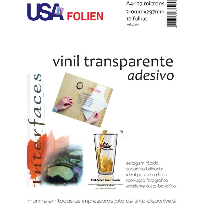 PAPEL FOTOGRÁFICO INKJET A4 VINIL ADESIVO TRANSPARENTE - USA FOLIEN CX.C/10