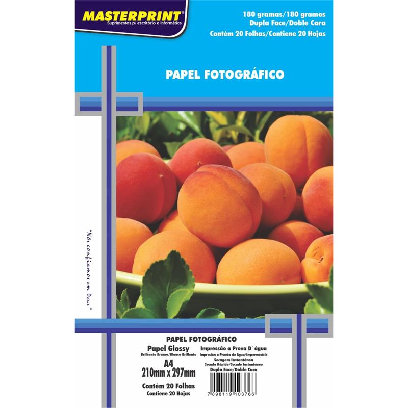 PAPEL FOTOGRÁFICO INKJET A4 GLOSSY DUPLA FACE 180 G - MASTERPRINT PCT.C/20