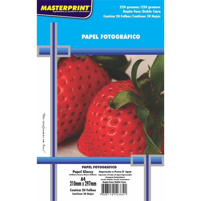 PAPEL FOTOGRÁFICO INKJET A4 GLOSSY DUPLA FACE 220 G - MASTERPRINT PCT.C/20