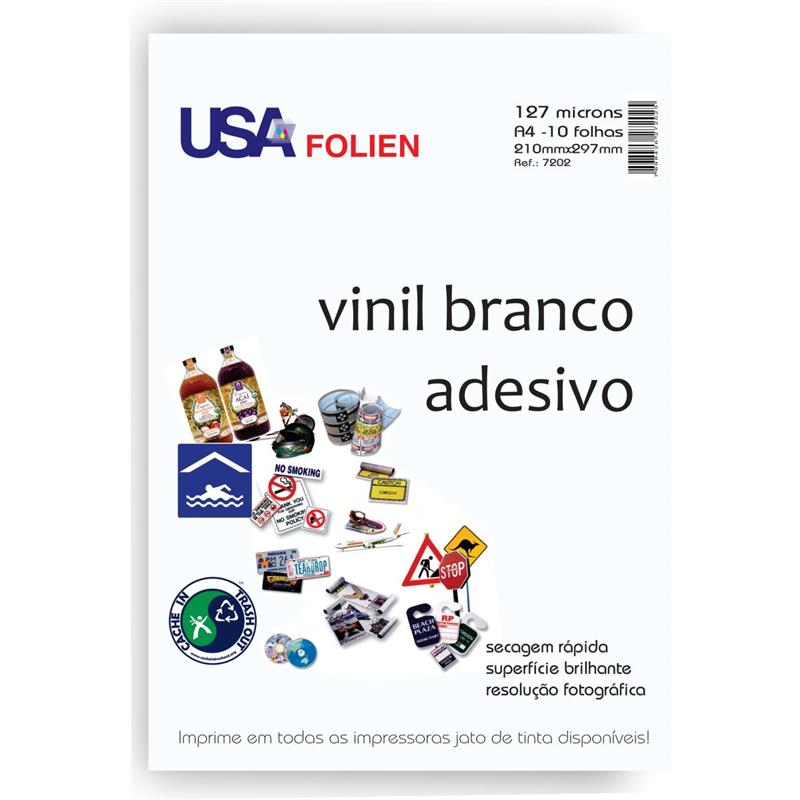 PAPEL FOTOGRÁFICO INKJET A4 VINIL ADESIVO BRANCO - USA FOLIEN CX.C/10