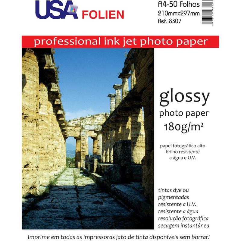 PAPEL FOTOGRÁFICO INKJET A4 GLOSSY 180G - USA FOLIEN PCT.C/50