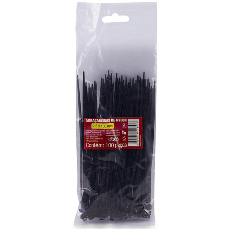 ABRAÇADEIRA NYLON PRETA 2,5 MM X 150 MM - FORCE LINE PCT.C/100