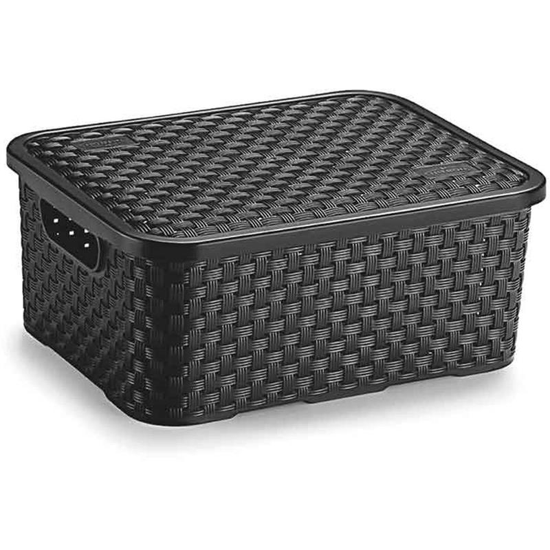 CAIXA PLÁSTICA MULTIUSO RATTAN COM TAMPA P 4 L PRETO - NITRON UNIDADE