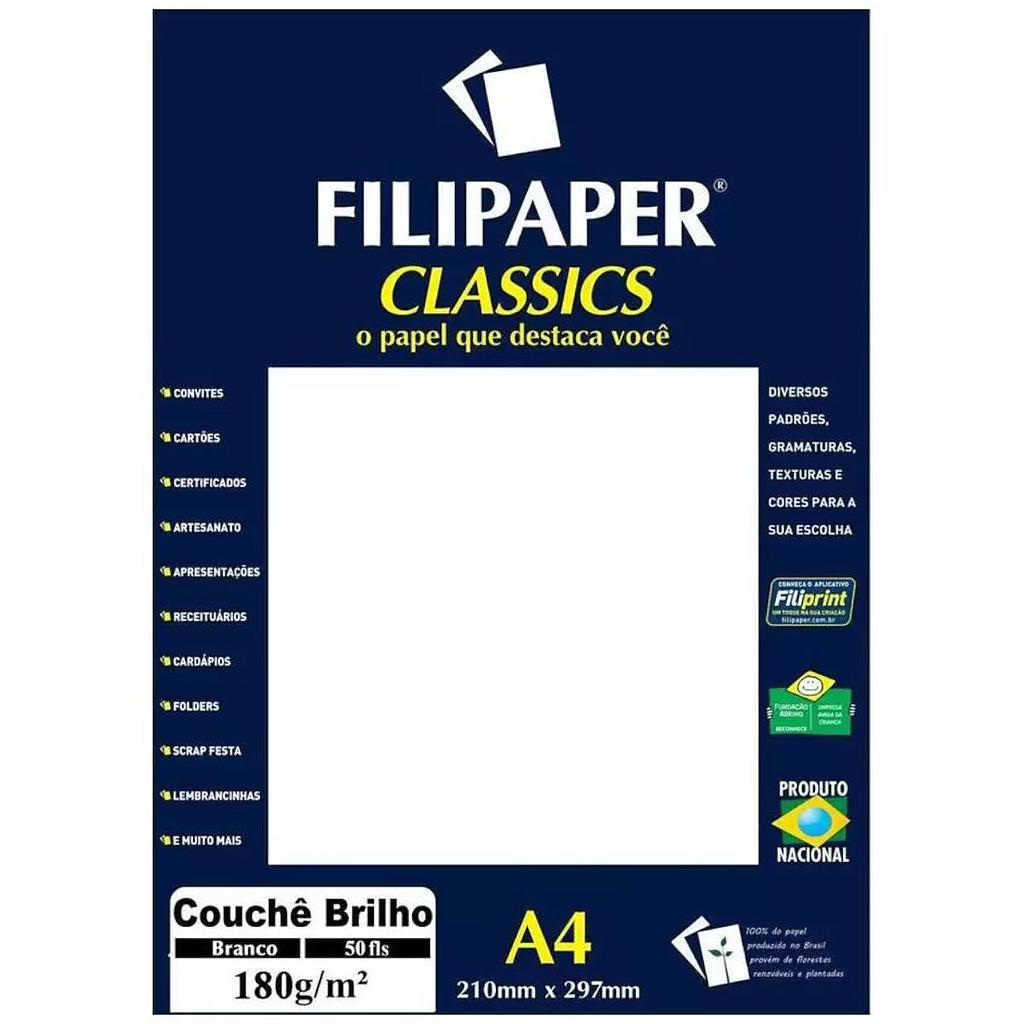 PAPEL COUCHE FILIPAPER CLASSICS A4 BRANCO BRILHO 180G 50 FOLHAS