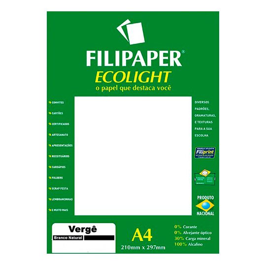 PAPEL VERGE FILIPAPER ECOLIGHT A4 BRANCO 180G 20 FOLHAS