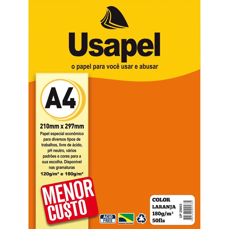 PAPEL A4 (COLOR) USAPEL LARANJA 180G - FILIPERSON PCT.C/50