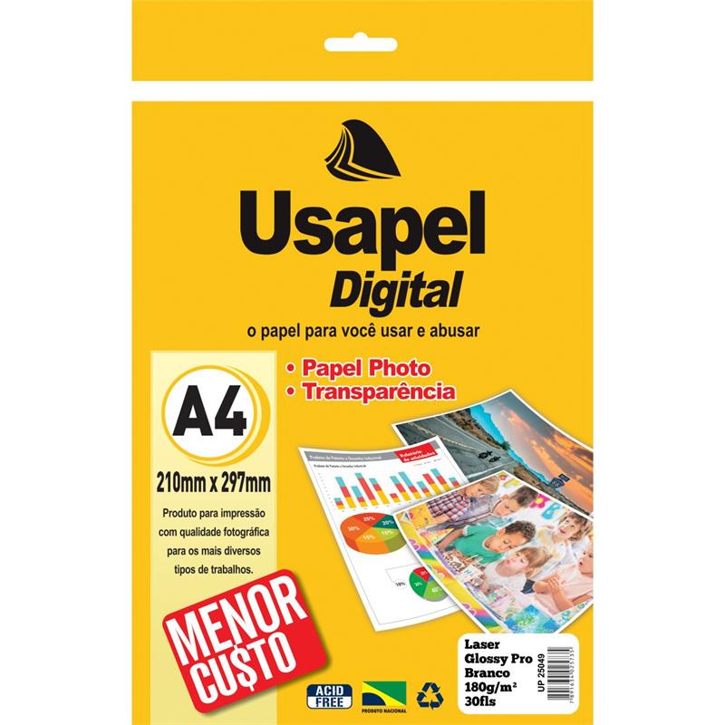 PAPEL FOTOGRÁFICO LASER USAPEL GLOSSY PROF. A4 180G. - FILIPERSON PCT.C/30