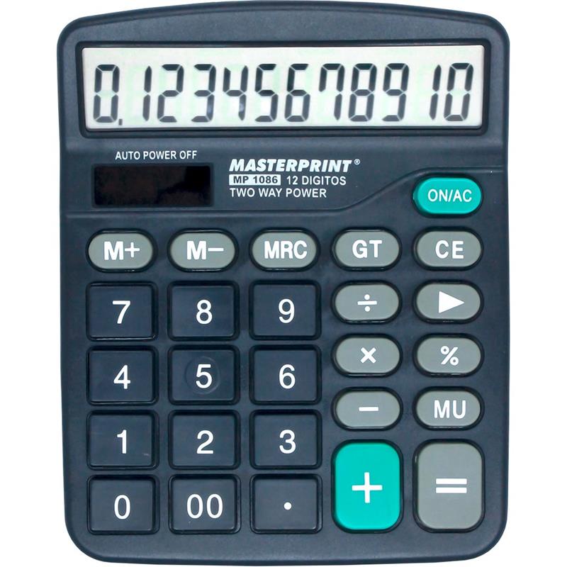 CALCULADORA DE MESA MP 1086 12 DÍGITOS PILHA E SOLAR AZUL E CINZA MASTERPRINT
