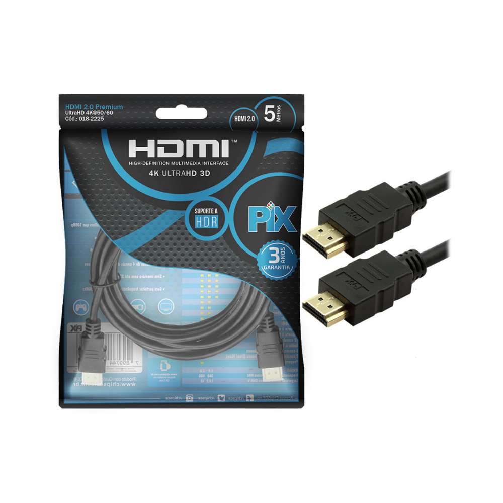 CABO HDMI 2.0 19 PINOS GOLD 5 METROS PRETO PIX-018-2225 SANTANA