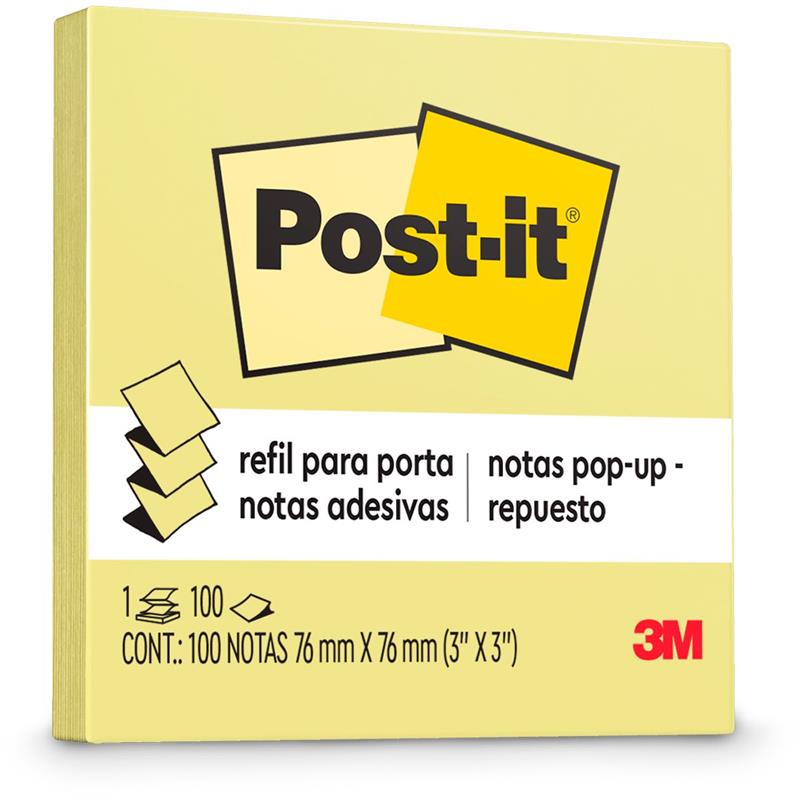BLOCO DE RECADO POST-IT REFIL PARA POP UP C/90 FOLHAS 76X76MM AMARELO 3M