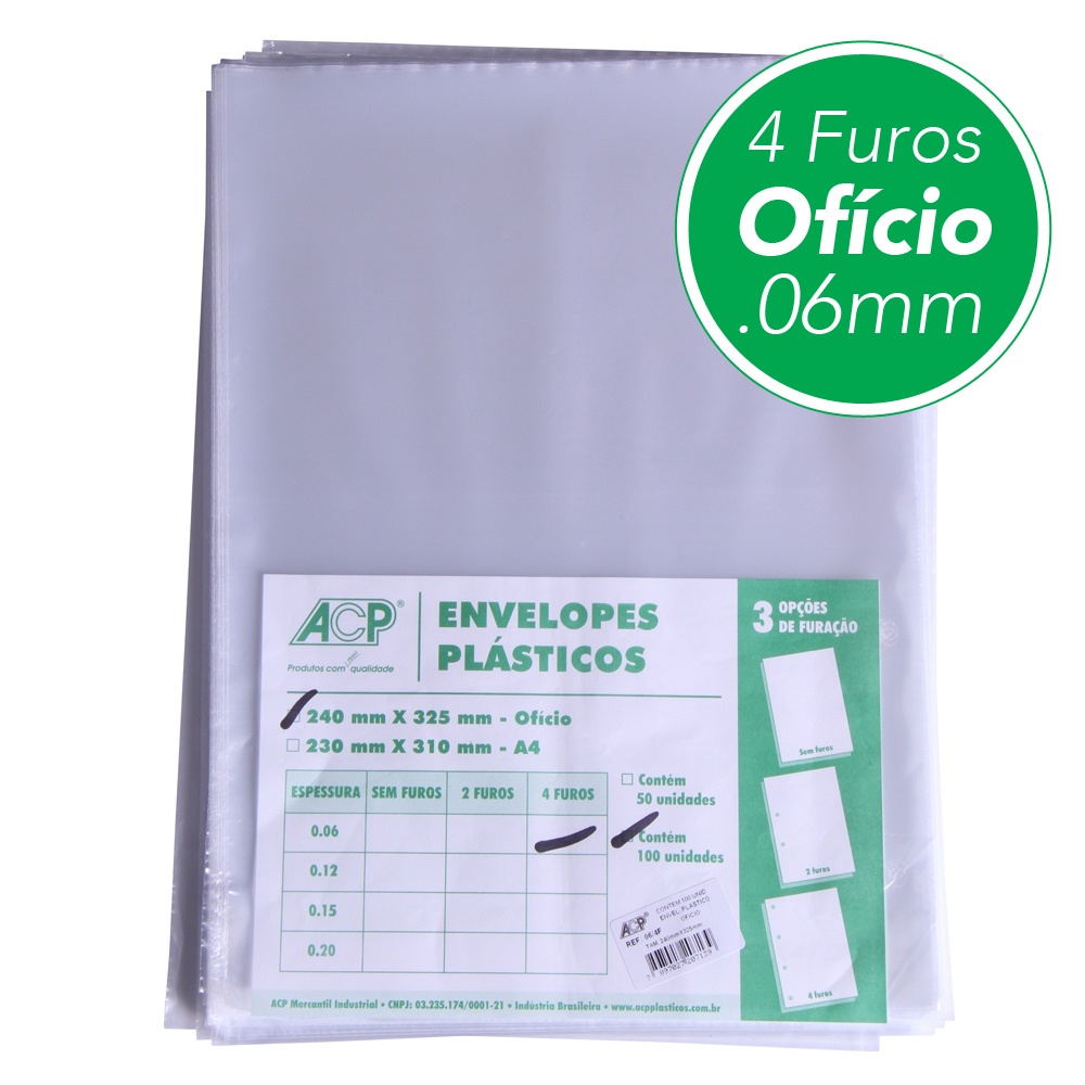 ENVELOPE PLASTICO OFICIO 4 FUROS FINO 0,06MM ACP COM 100 UNIDADES