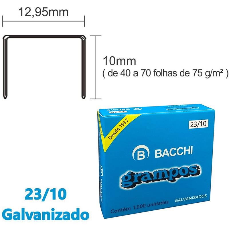 GRAMPO PARA GRAMPEADOR 23/10 GALVANIZADO 1000 GRAMPOS - BACCHI CAIXA