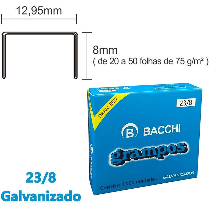 GRAMPO PARA GRAMPEADOR 23/8 GALVANIZADO 1000 GRAMPOS - BACCHI CAIXA