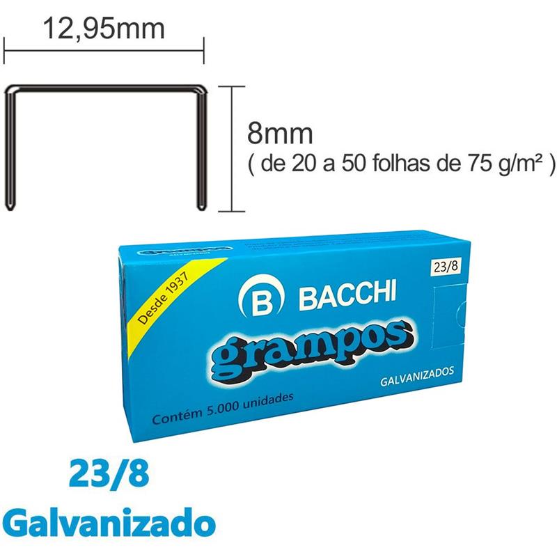GRAMPO PARA GRAMPEADOR 23/8 GALVANIZADO 5000 GRAMPOS - BACCHI CAIXA
