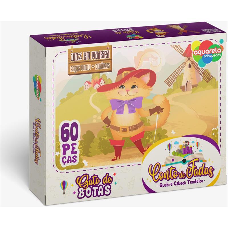 QUEBRA-CABEÇA MADEIRA GATO DE BOTAS 60 PEÇAS - AQUARELA BRINQUEDOS UNIDADE