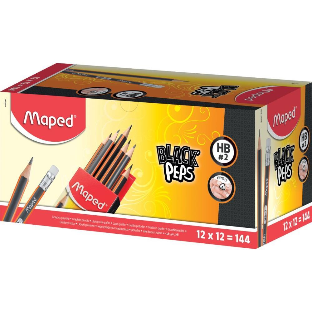 LAPIS PRETO TRIANGULAR BLACK PEPS HB C/BORRACHA MAPED CX.C/144