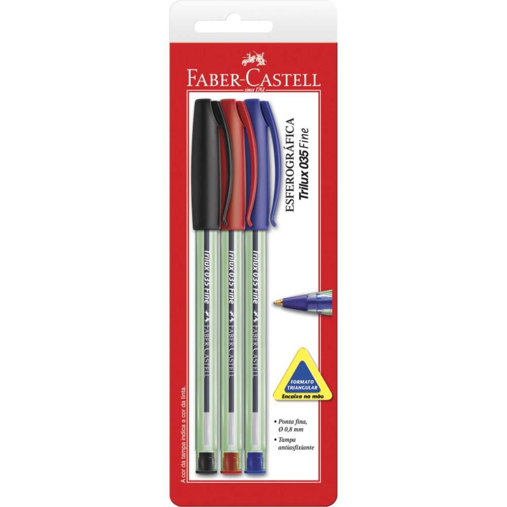 CANETA ESFEROGRAFICA TRILUX PONTA FINA PT/VM/AZ FABER-CASTELL BL.C/03