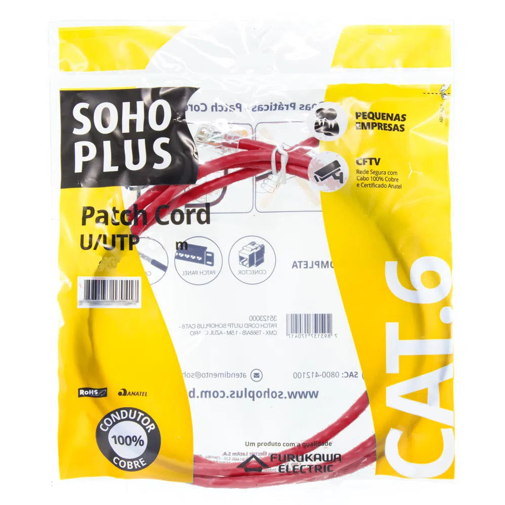 PATCH CORD U/UTP FURUKAWA SOHOPLUS CAT6 CMX T568A  2.5M  VERMELHO CERTIFICADO