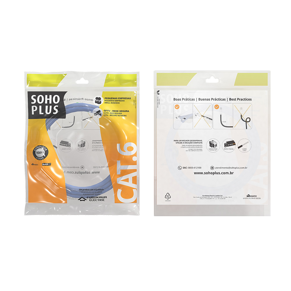 PATCH CORD U/UTP FURUKAWA SOHOPLUS CAT6 CMX T568A 1.5M AZUL CLARO CERTIFICADO