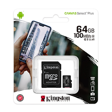 CARTAO DE MEMORIA SD KINGSTON CANVAS SELECT PLUS CLASS 10UHS-I 64GB MICRO+ADAPTADOR - SDCS2/64GB