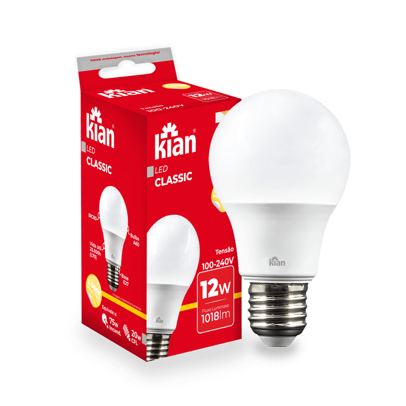 LÂMPADA LED BULBO A60 12W 3.000K BRANCA MORNA BIVOLT KIAN