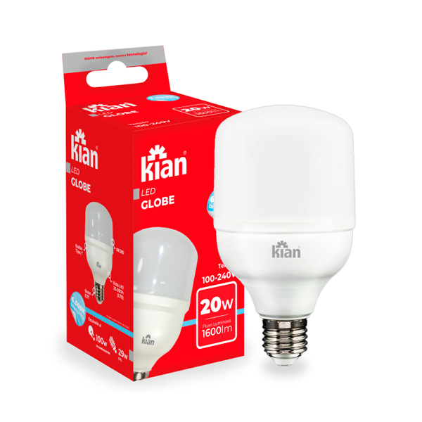 LÂMPADA LED GLOBE 20W 6.500K BRANCA FRIA BASE E27 BIVOLT KIAN
