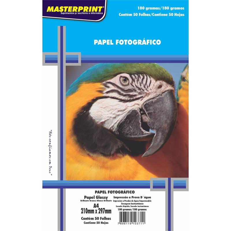 PAPEL FOTOGRÁFICO INKJET A4 GLOSSY 180G MASTERPRINT PCT C/50UN