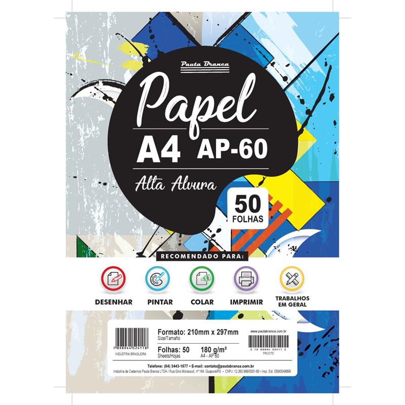 PAPEL SULFITE A4 AP60 180G 60KG BRANCO 50FLS PAUTA BRANCA