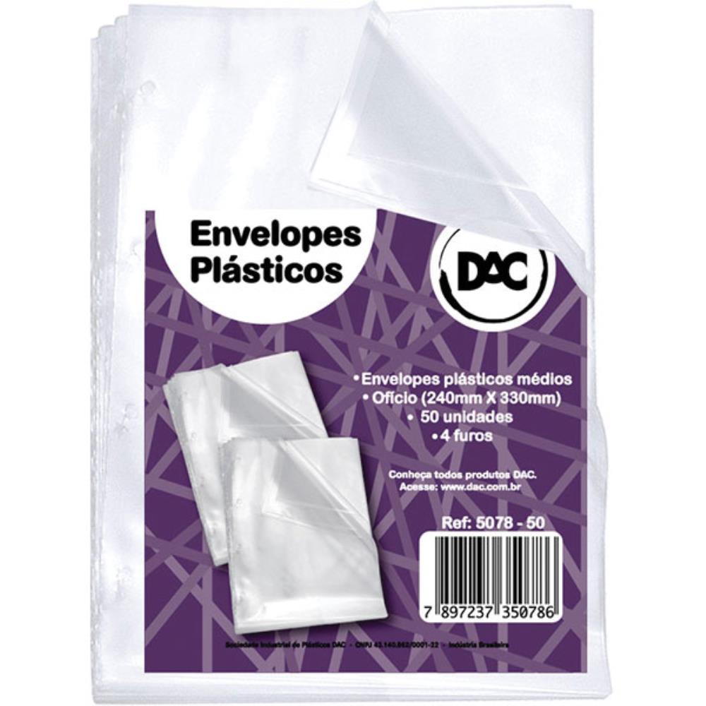 ENVELOPE PLÁSTICO OFÍCIO 4 FUROS MÉDIO 0,10MM DAC PCT C/50UN