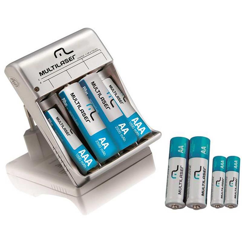 CARREGADOR DE PILHAS BIVOLT PARA 4 PILHAS AA E AAA COM 8 PILHAS - MULTI KIT