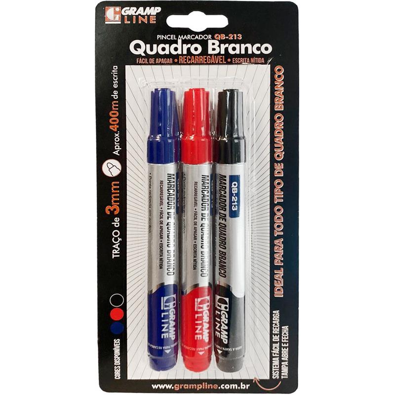 Pincel Quadro Branco Qb213 Recarregável com 03 Cores - Gramp Line Bl. c/03