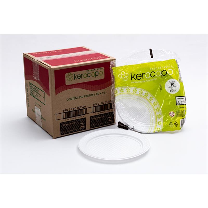 PRATO PLÁSTICO DESCARTÁVEL RASO 21 CM DIÂMETRO BRANCO - KEROCOPO PCT.C/10