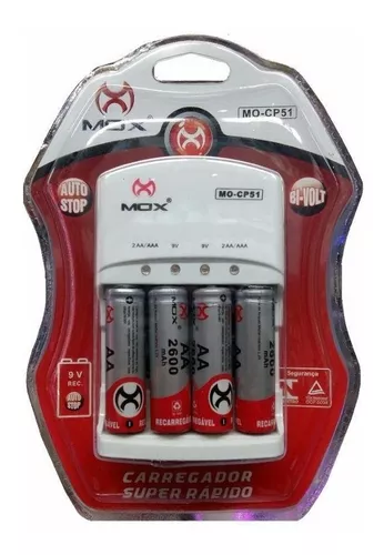 CARREGADOR DE PILHA MOX COM 4 PILHA AA CP51