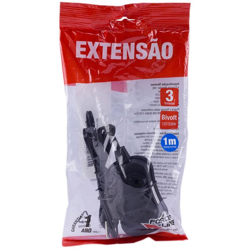 EXTENSAO ELETRICA BIPOLAR 1M 3 TOMADAS SLIM PT - FORCE LINE UNIDADE