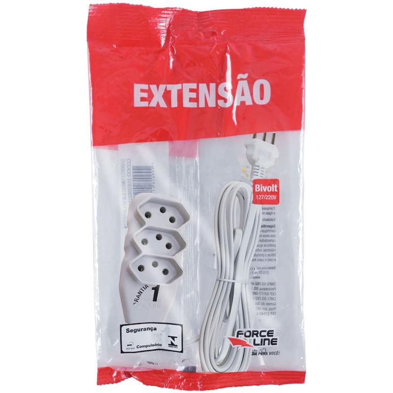 EXTENSÃO ELÉTRICA TRIPOLAR 5 M 3 TOMADAS SLIM BRANCA - FORCE LINE UNIDADE