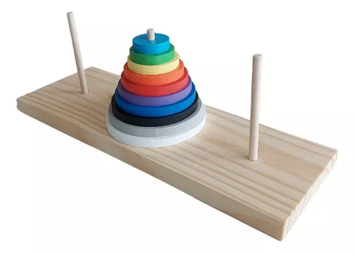 TORRE DE HANÓI 10 DISCOS BRINQUEDO EDUCATIVO DE MADEIRA