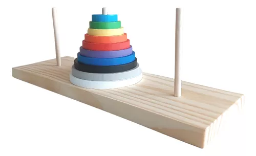 TORRE DE HANÓI 10 DISCOS BRINQUEDO EDUCATIVO DE MADEIRA